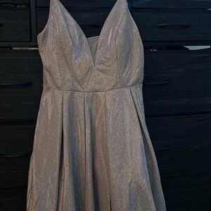 B Darlin Shimmering Silver Prom Dress